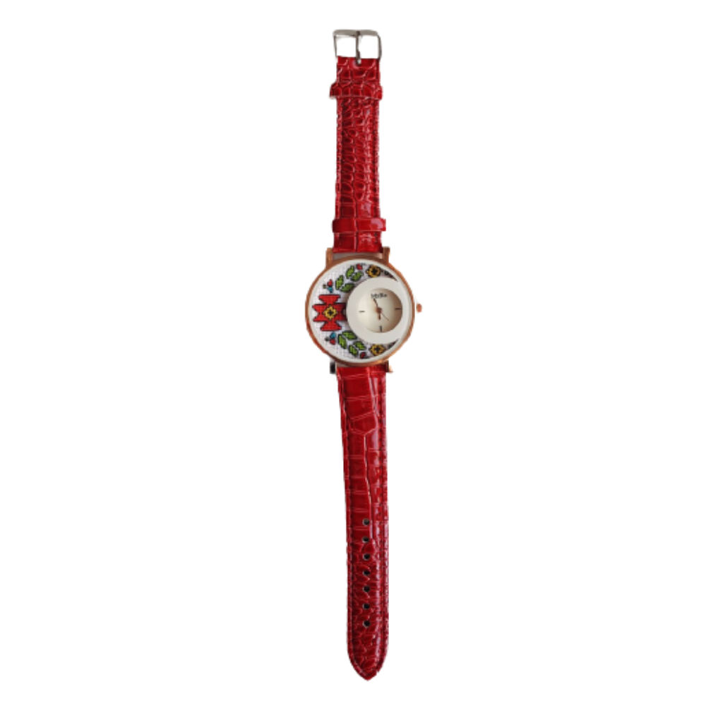 Дамски ръчен часовник с бродерия "Китна" с червена шевица