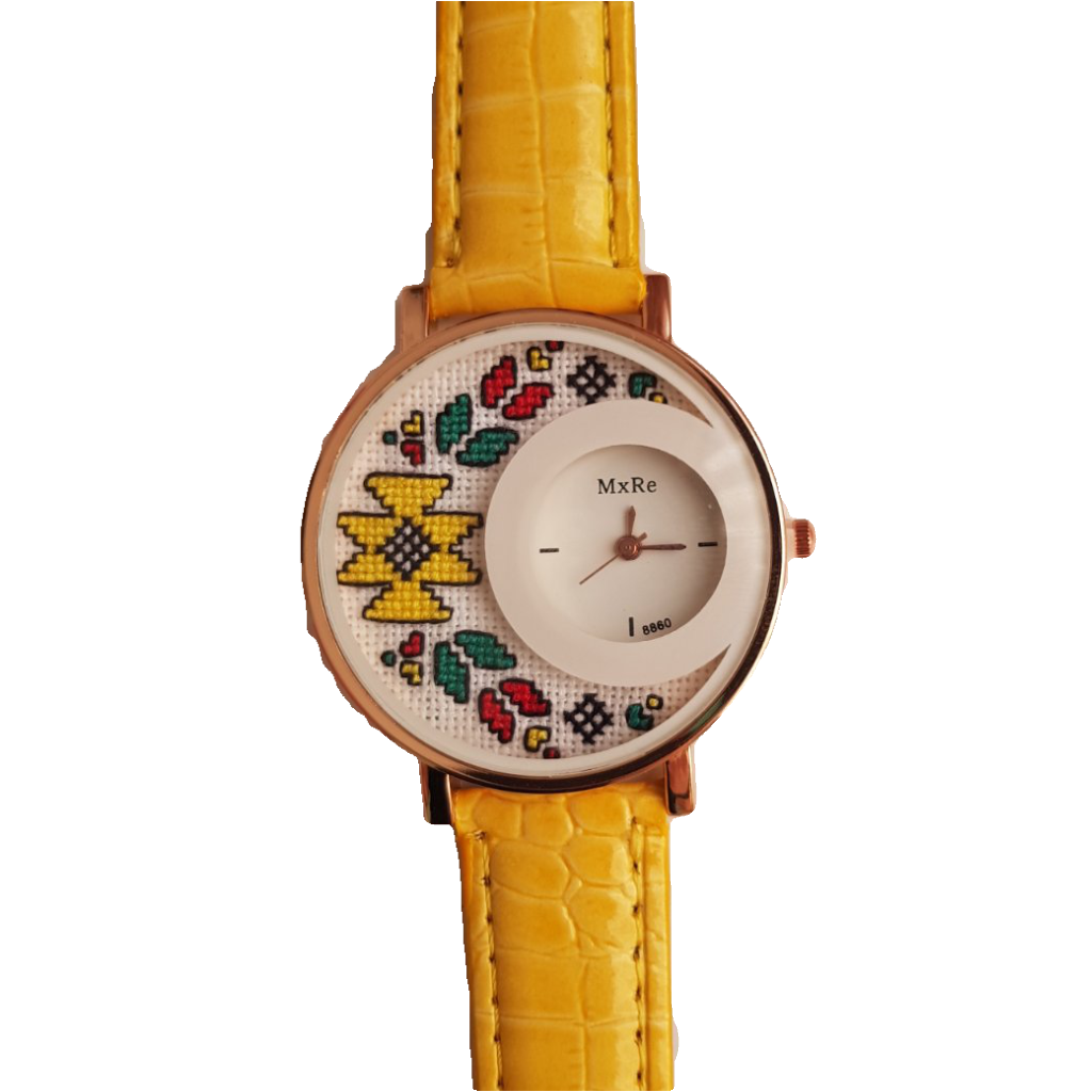 Дамски ръчен часовник с бродерия "Китна" с жълта шевица