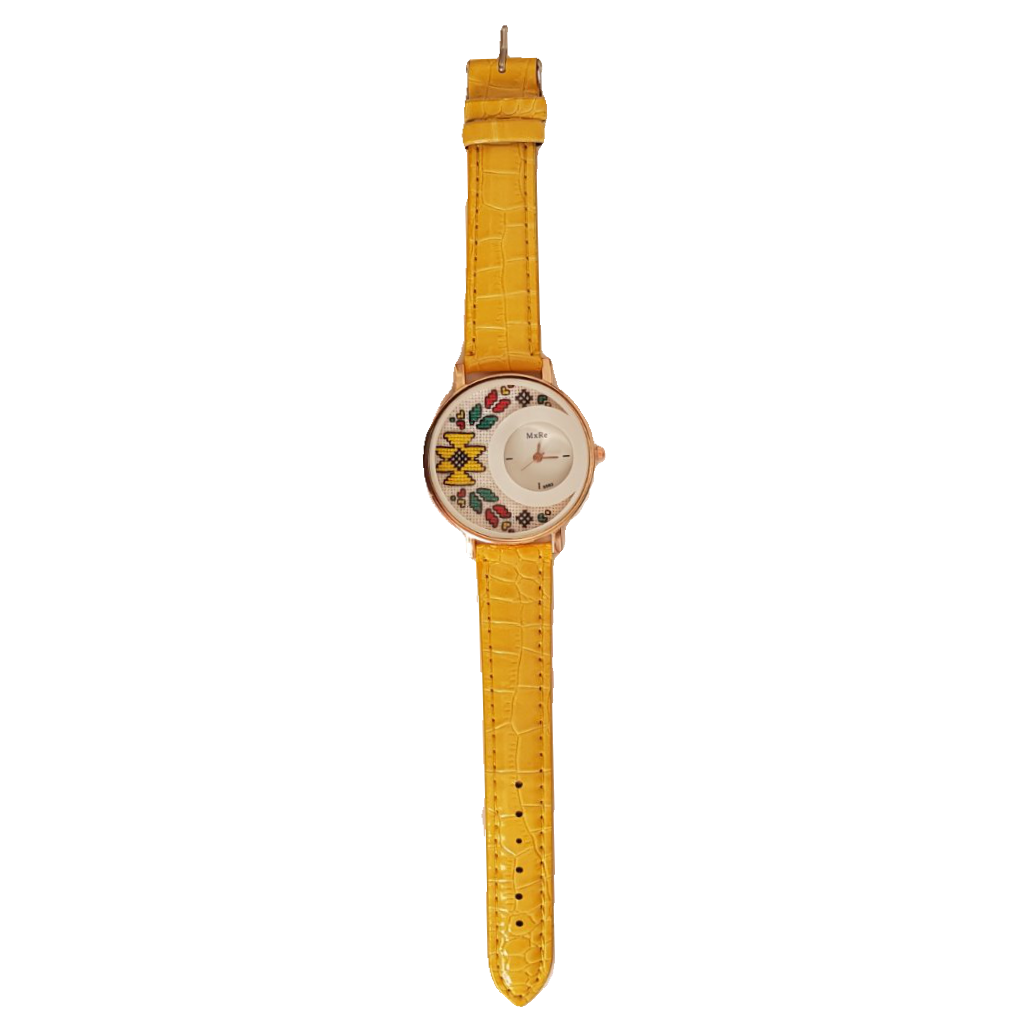 Дамски ръчен часовник с бродерия "Китна" с жълта шевица