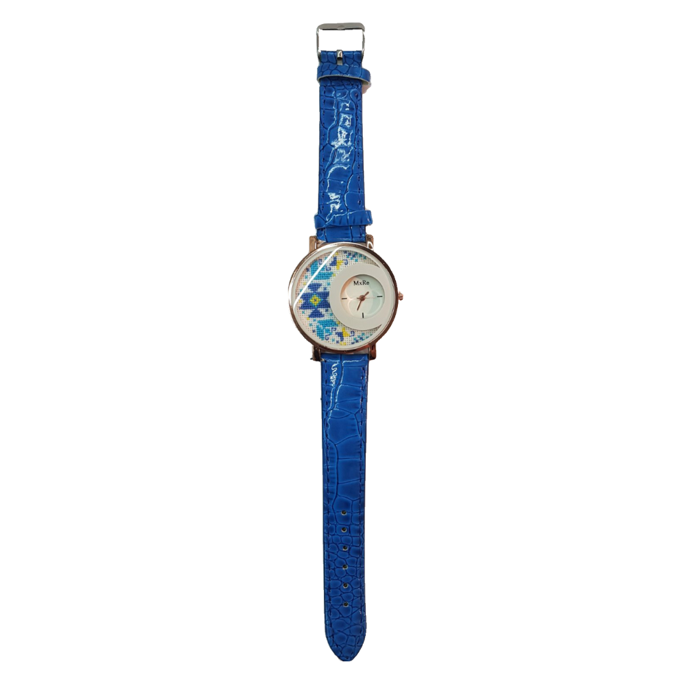 Дамски ръчен часовник с бродерия "Китна" със синя шевица