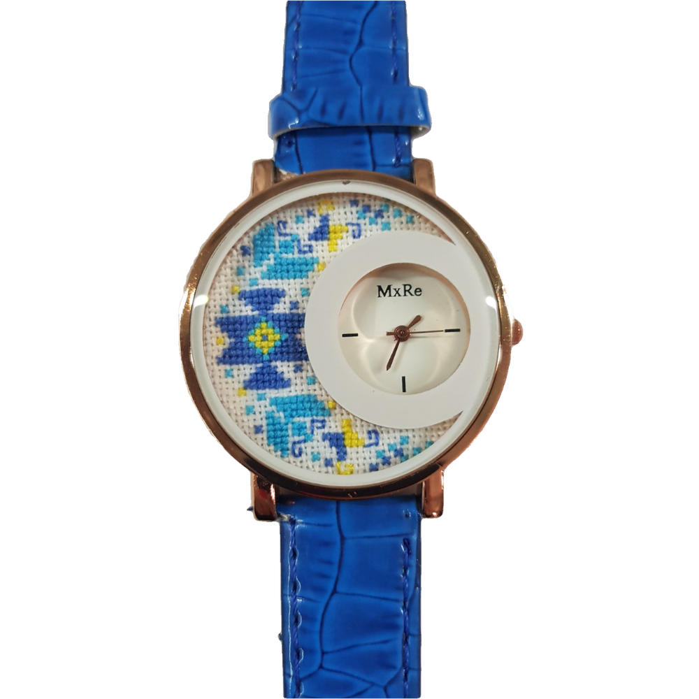 Дамски ръчен часовник с бродерия "Китна" със синя шевица